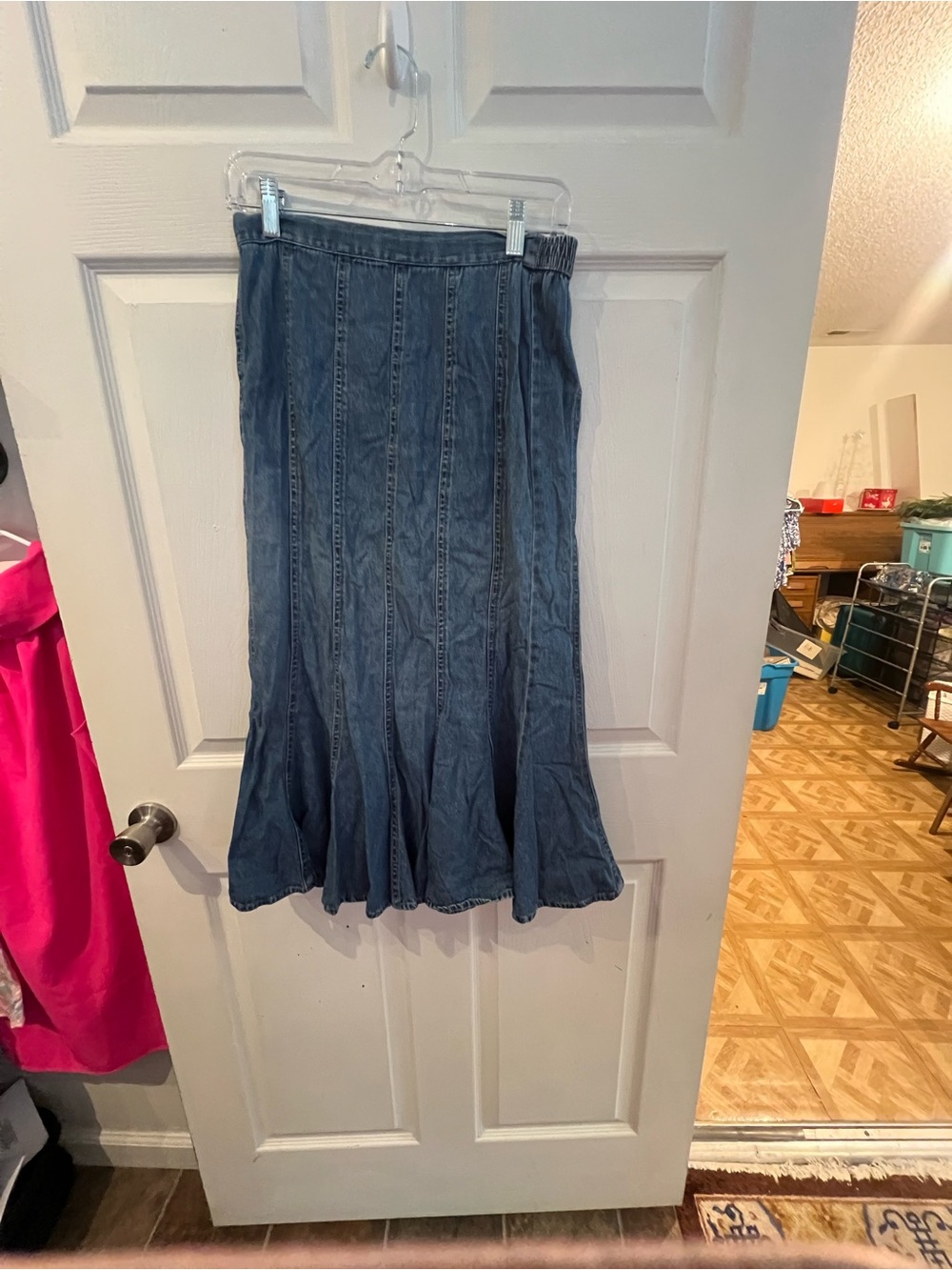 Studio West Denim Flared Midi Skirt in Blue
